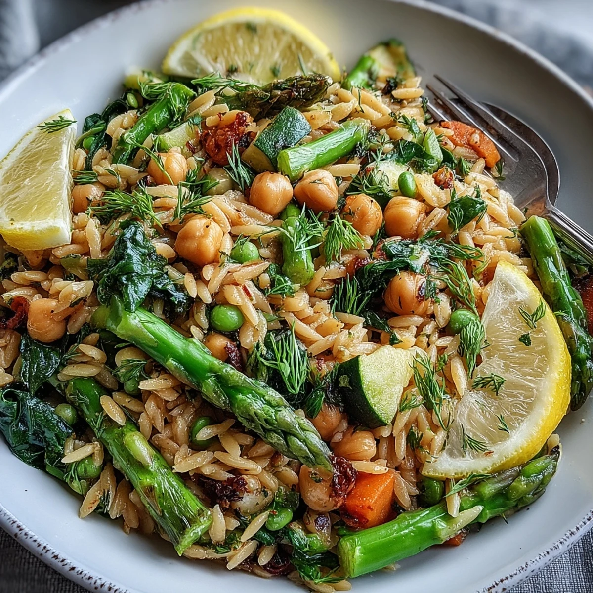 Spoon lifting saucy One-Pot Lemon Herb Orzo with chickpeas, zucchini, and vibrant spinach.