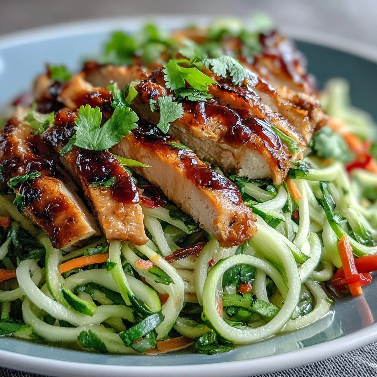 Summer Detox Cucumber Noodle Salad with Chili-Lime Grilled Chicken plated with vibrant red peppers and fresh cilantro. 
