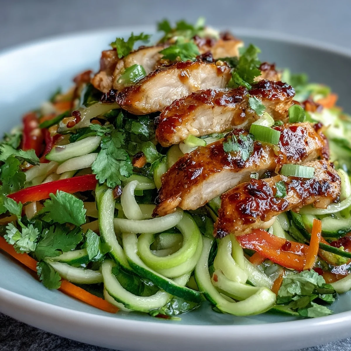 Juicy grilled chicken slices rest on crisp cucumber noodles, carrots, and cherry tomatoes for a fresh summer meal. 
