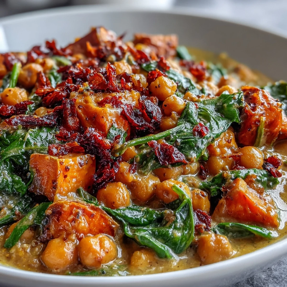 Golden Creamy Coconut Curry Chickpea Skillet with Spinach and Sweet Potato simmering with tender sweet potato cubes in a luscious coconut sauce.