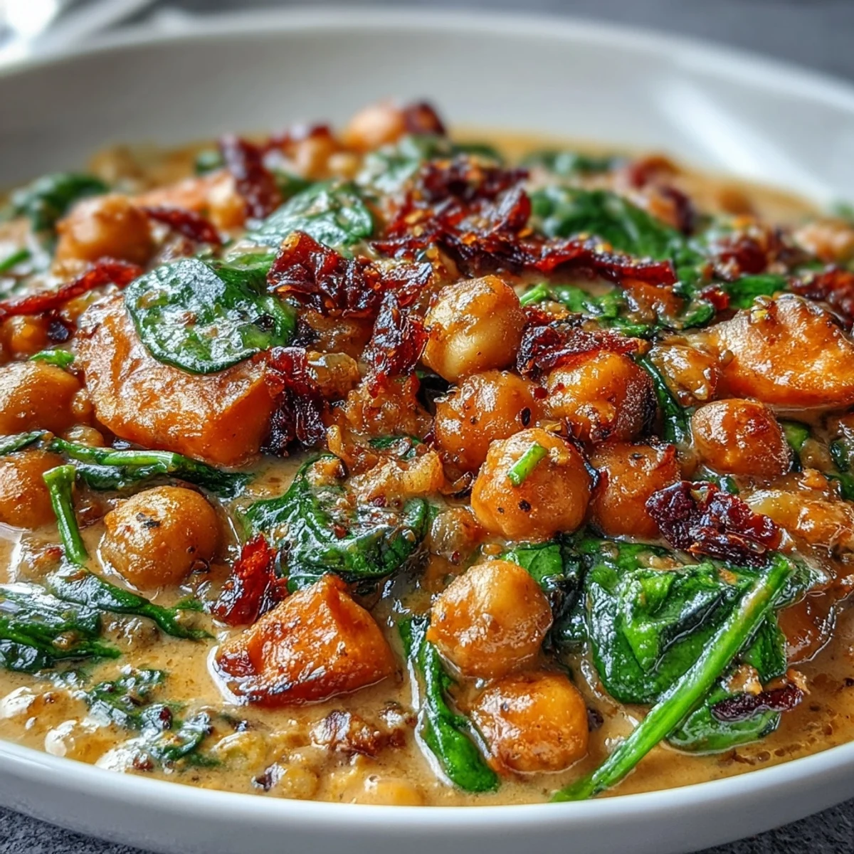 A close-up of Creamy Coconut Curry Chickpea Skillet with Spinach and Sweet Potato showing wilted spinach and chickpeas in a rich sauce.