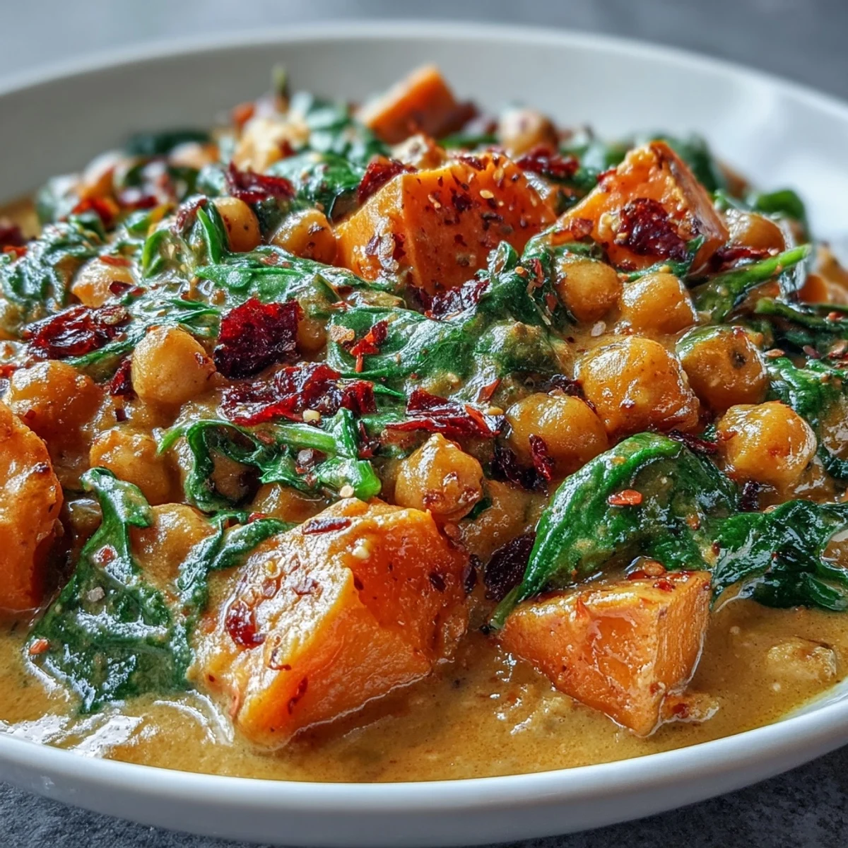 Deep orange Creamy Coconut Curry Chickpea Skillet with Spinach and Sweet Potato served over fluffy basmati rice, garnished with fresh cilantro.
