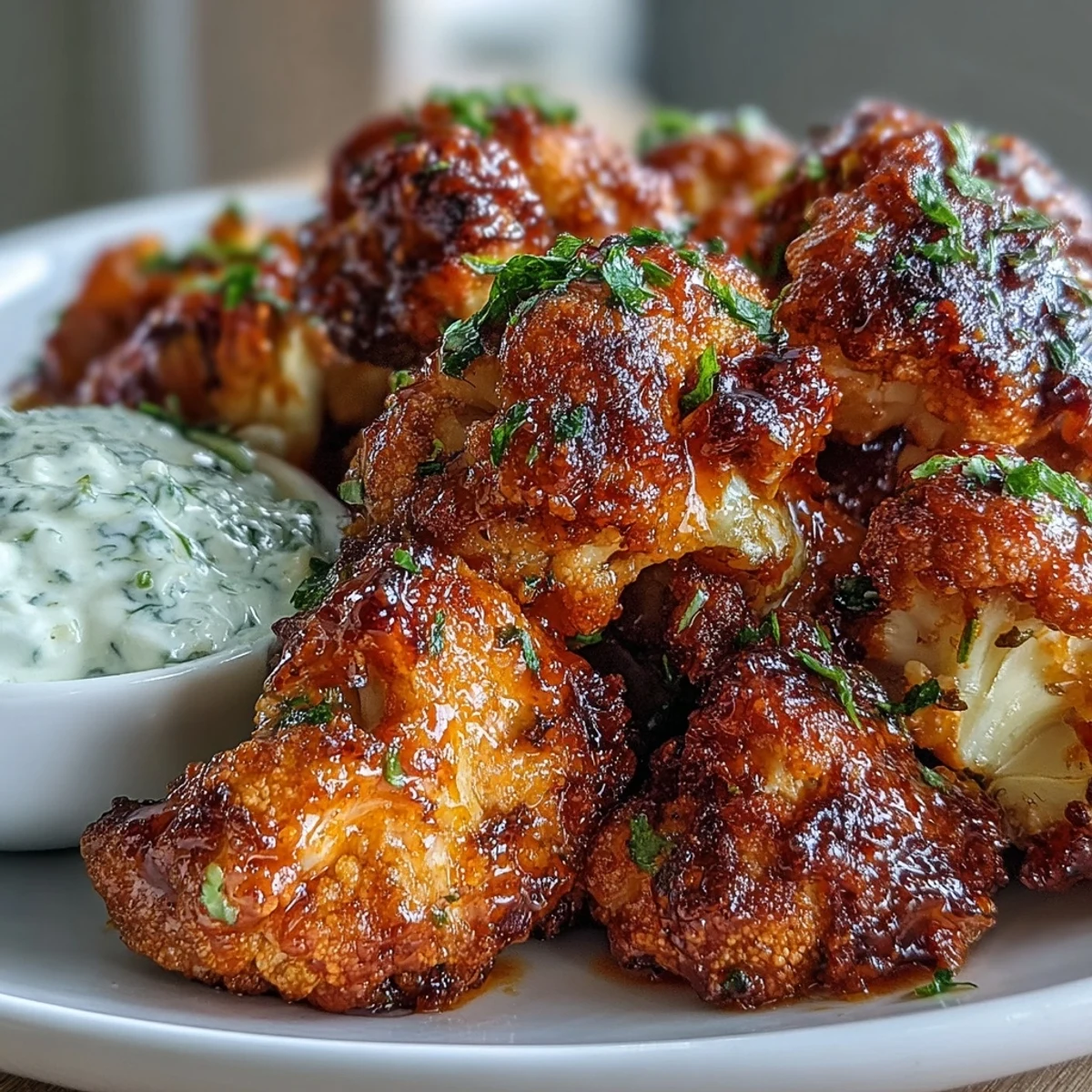 Crispy, spicy buffalo cauliflower florets served alongside a homemade, tangy ranch yogurt dip for dipping.