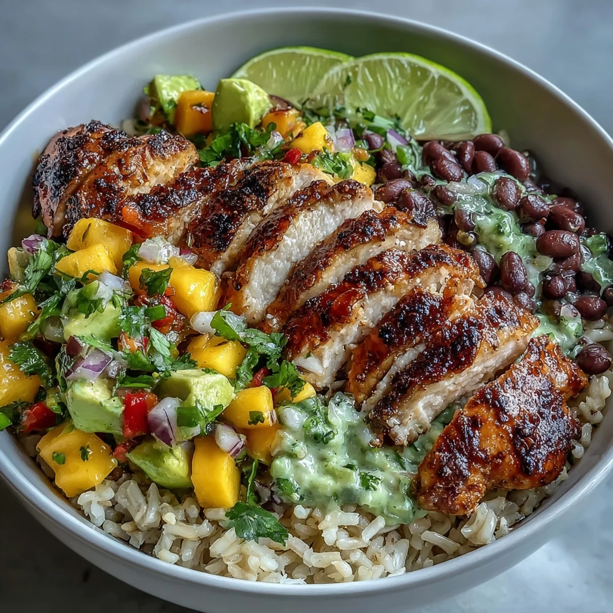 A colorful bowl of Mango Avocado Salsa Chicken Bowls with grilled chicken slices, fluffy brown rice, and black beans topped with fresh salsa.