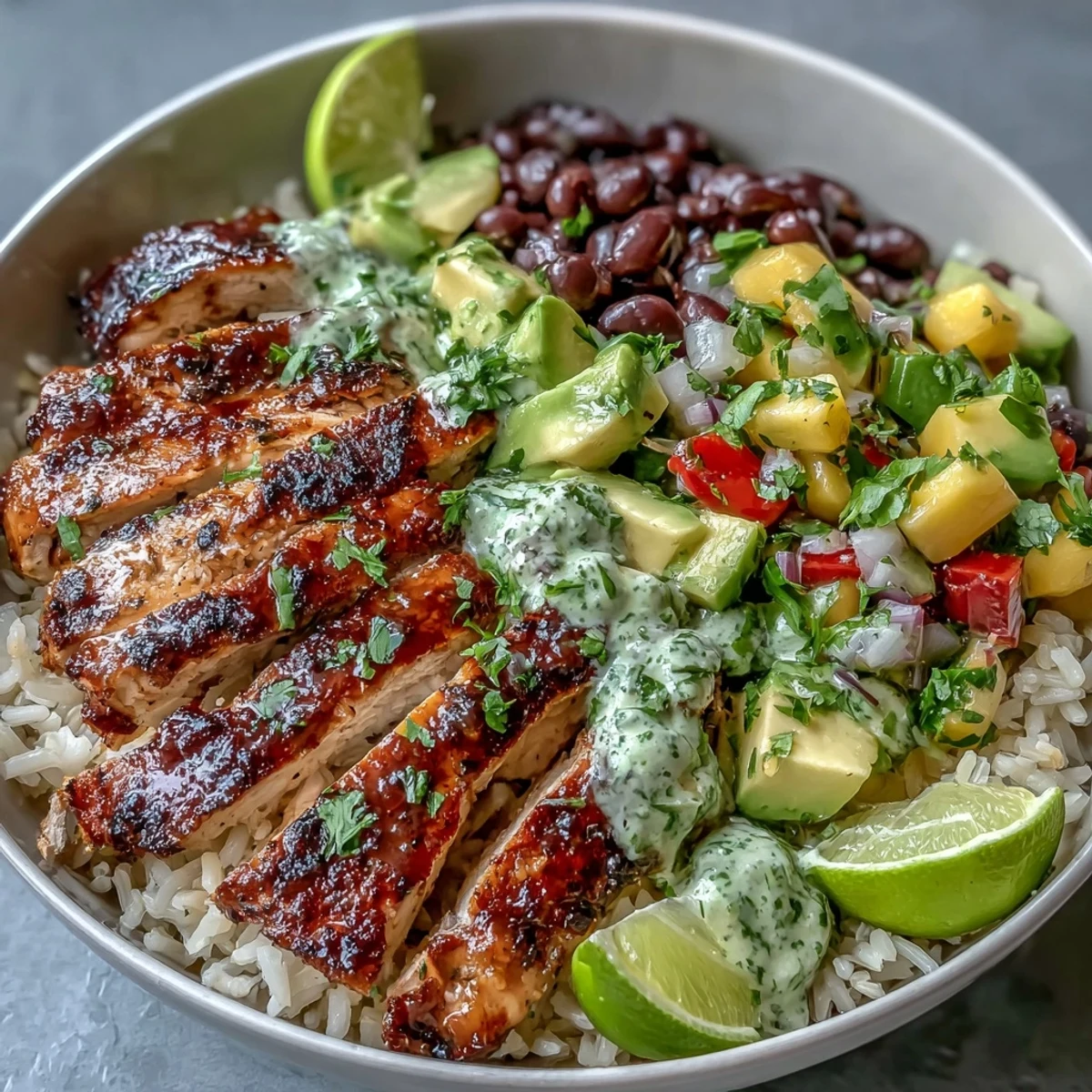 Mango Avocado Salsa Chicken Bowls served over warm brown rice and black beans, garnished with cilantro and a bright wedge of lime.
