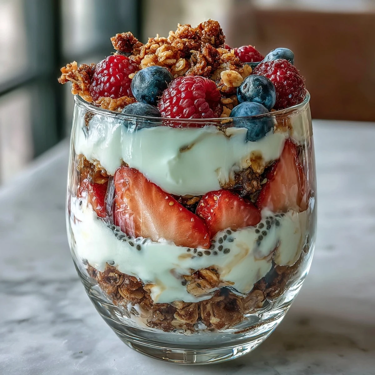 Fresh layers of creamy Greek yogurt, vibrant mixed berries, and crunchy granola crumble in a clear glass jar.