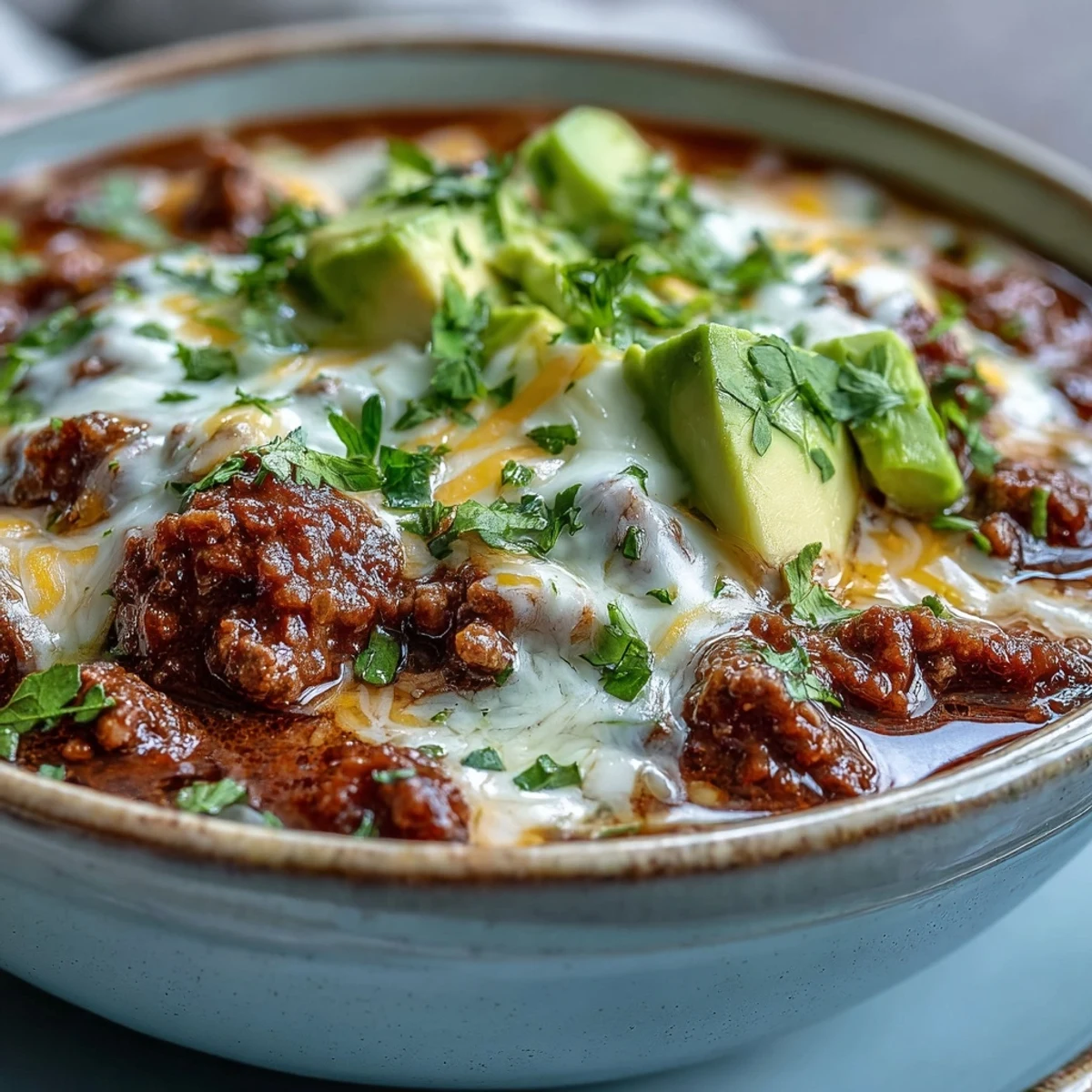 Keto Taco Soup with Ground Beef, Cheese, and Avocado topped with fresh cilantro and diced avocado served in a rustic bowl.
