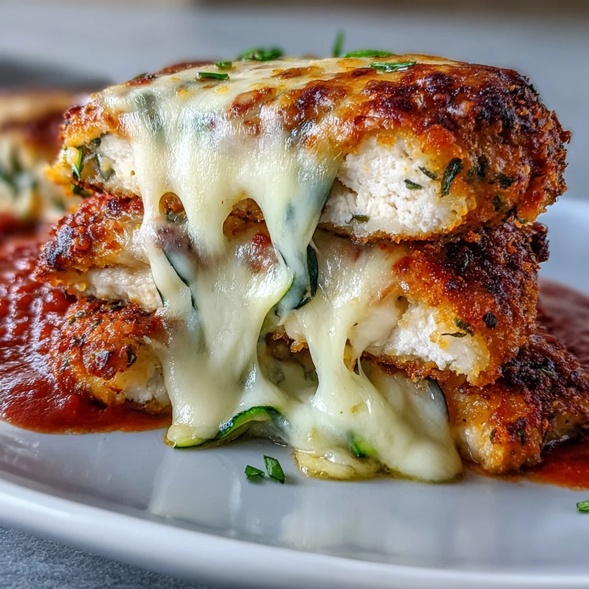 Tender baked chicken parm with bubbly tomato sauce and melted cheese resting on a bed of light, garlicky zucchini noodles.