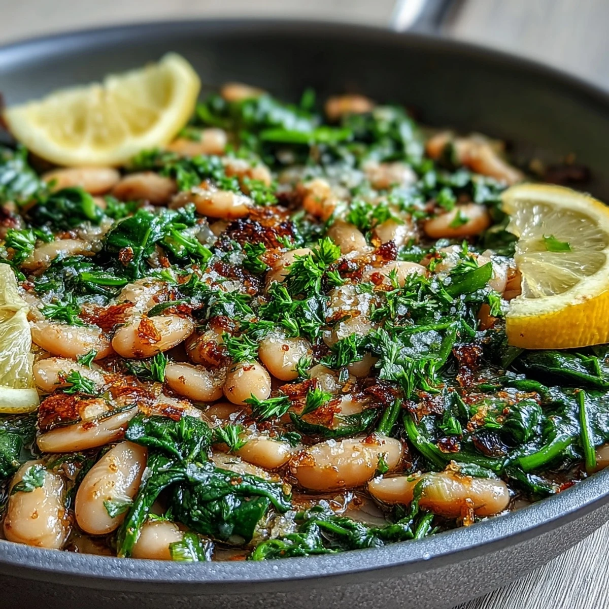 Vegan Lemon Garlic White Bean Skillet with Spinach bubbling in a pan with golden garlic and lemon wedges.