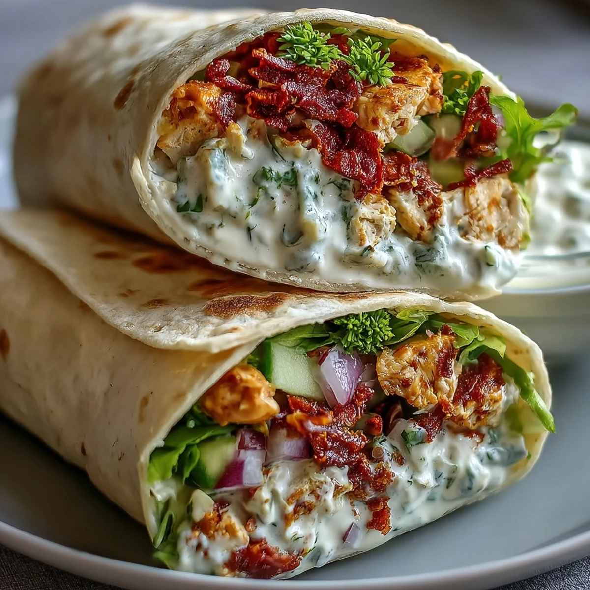 Four warmed flour tortillas are rolled with creamy chickpea chicken salad, sun-dried tomatoes, crisp greens, and sliced cucumber. 