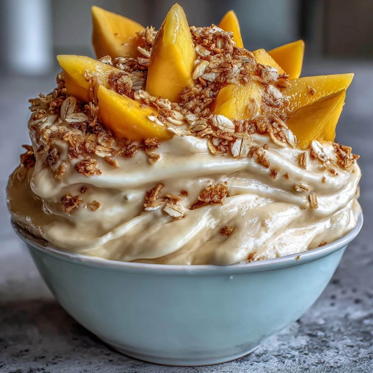 A scoop of Vegan Mango Coconut Ice Cream Bowl with toasted oats and fresh mango slices for a creamy, tropical treat.
