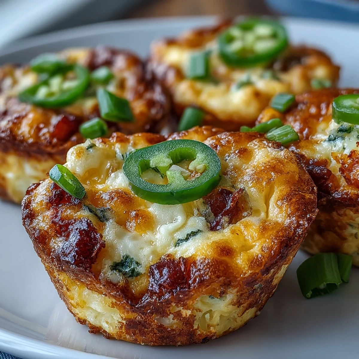 Six Keto Jalapeño Cheddar Egg Cups on a white plate next to a bowl of sour cream and a sprig of cilantro.