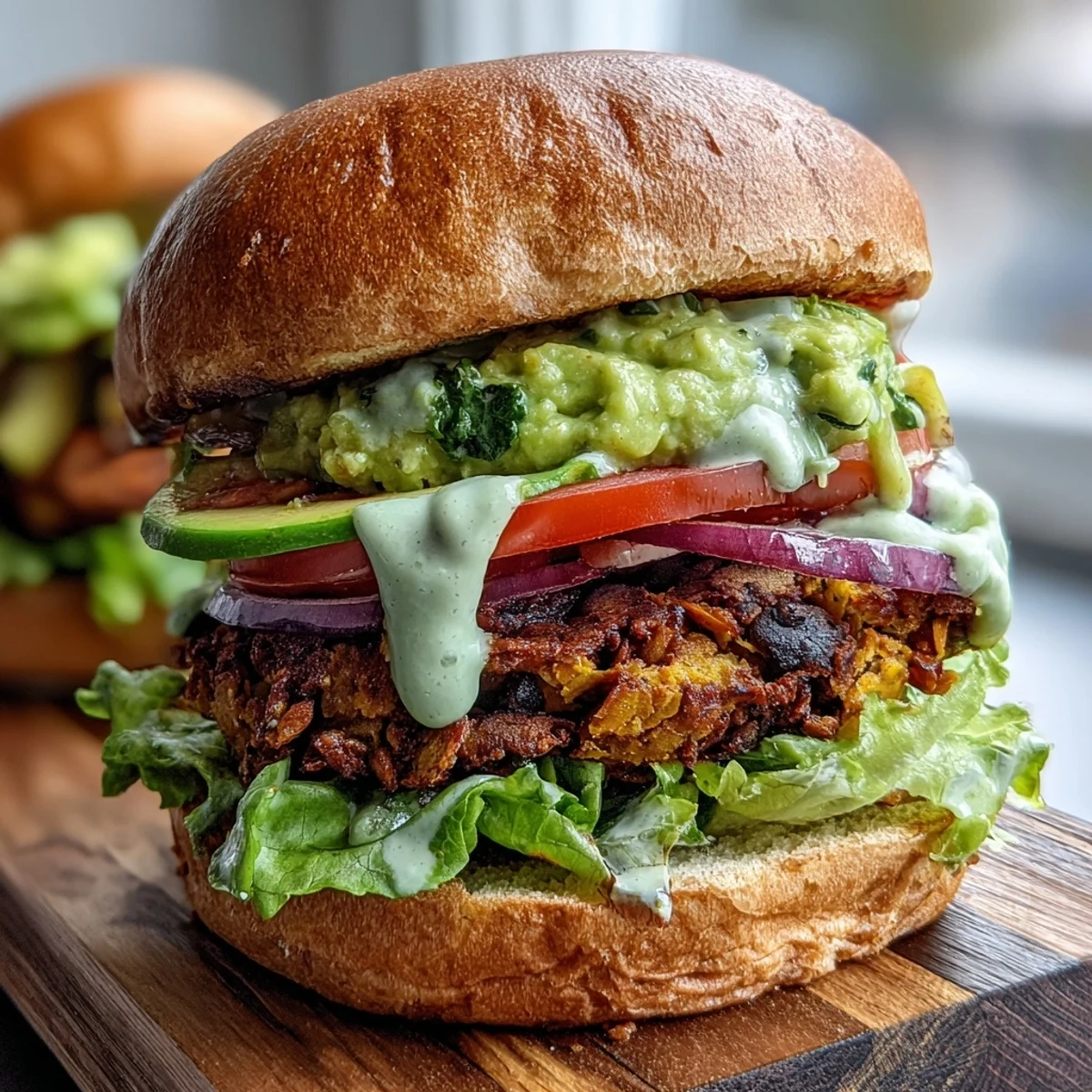 Close-up of a Vegan Sweet Potato Black Bean Burger, showcasing its hearty texture and drizzled avocado lime sauce.