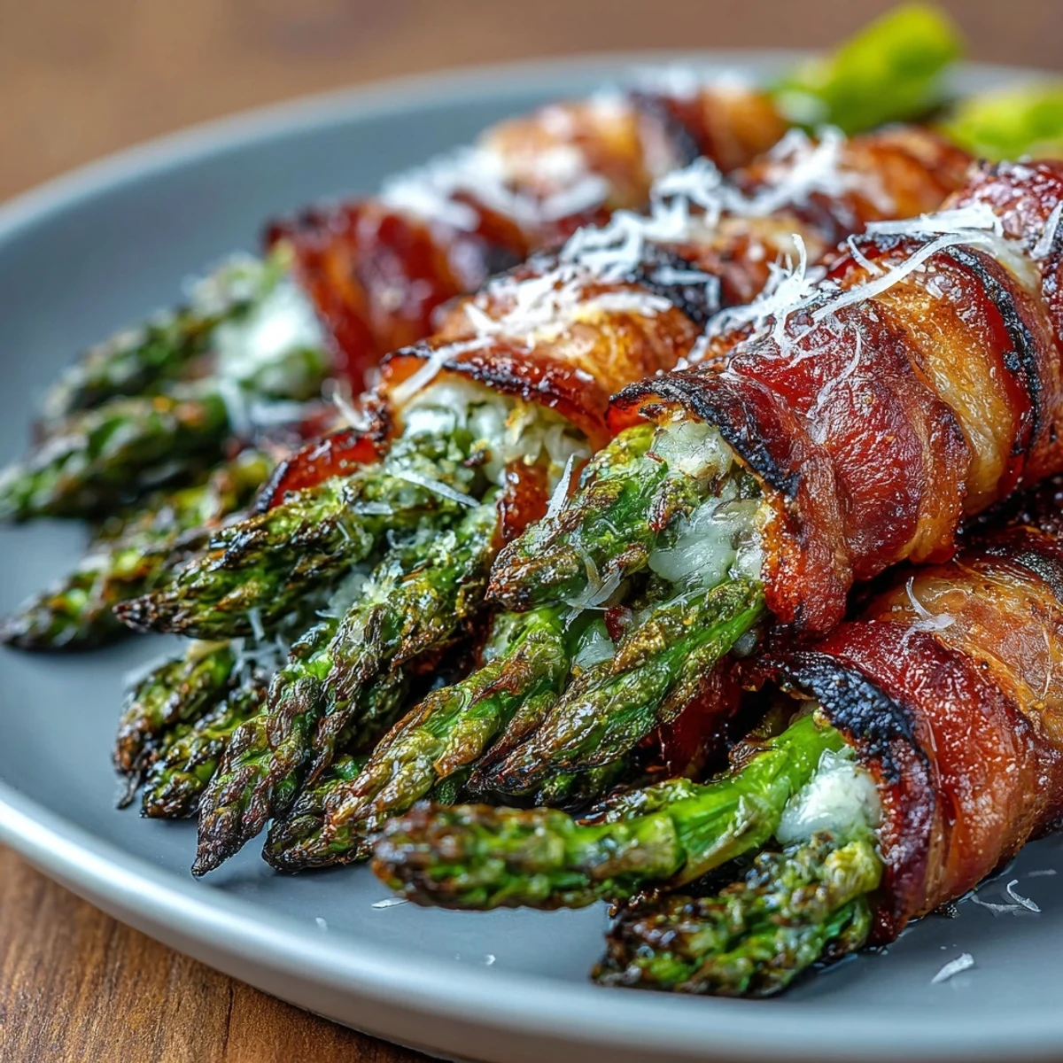Crisp, smoky bacon snugly wraps tender asparagus spears, drizzled with olive oil and finished with Parmesan.