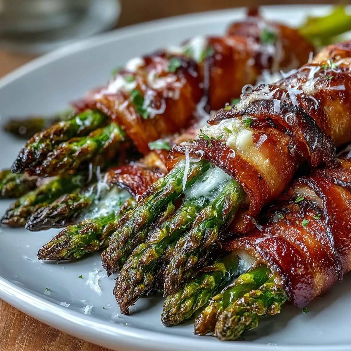 Golden Keto Bacon-Wrapped Asparagus Bundles with Parmesan served hot on a platter, a perfect low-carb appetizer.