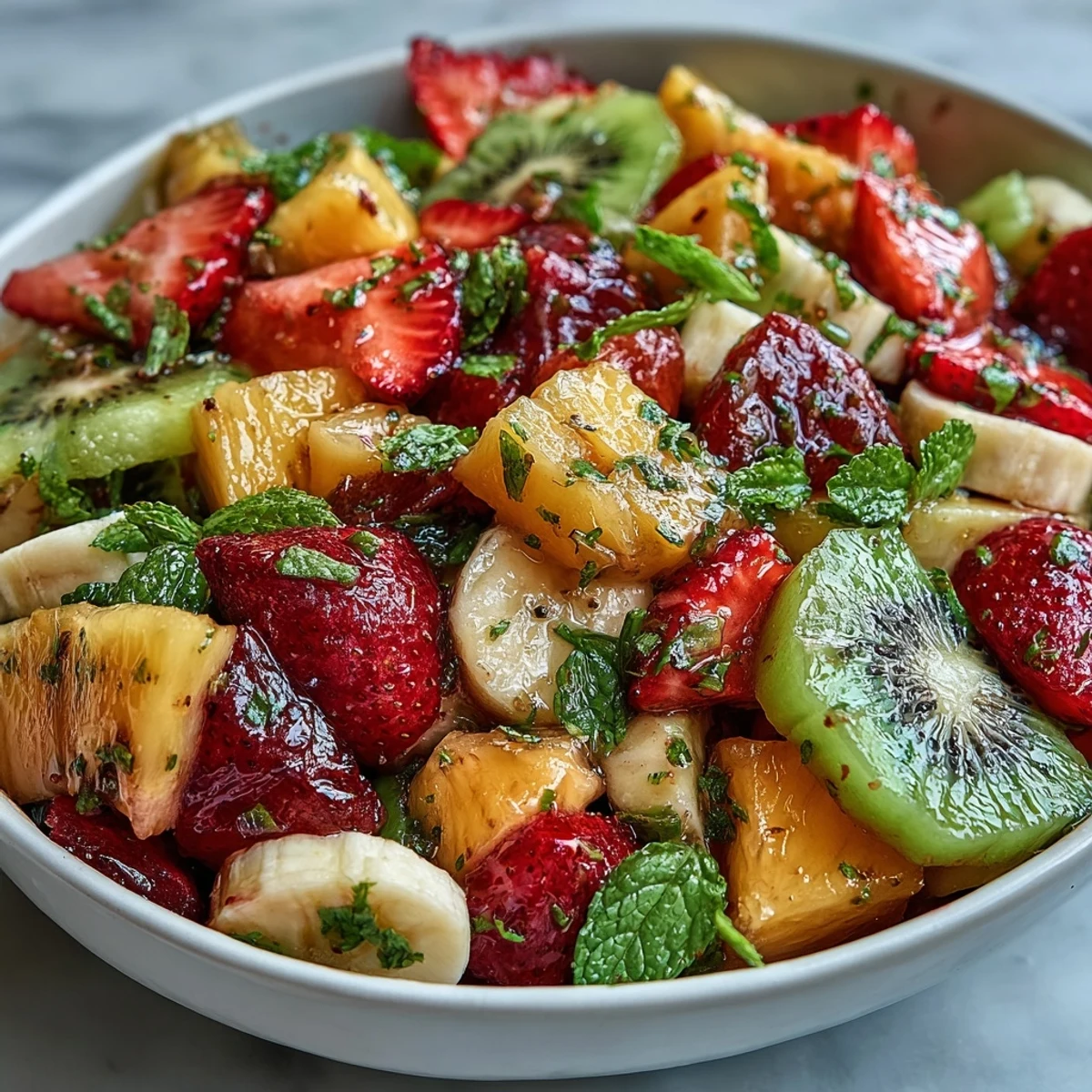 Colorful diced pineapple, mango, papaya, and kiwi are tossed in a fresh mint lime dressing in a white bowl, garnished with lime zest.