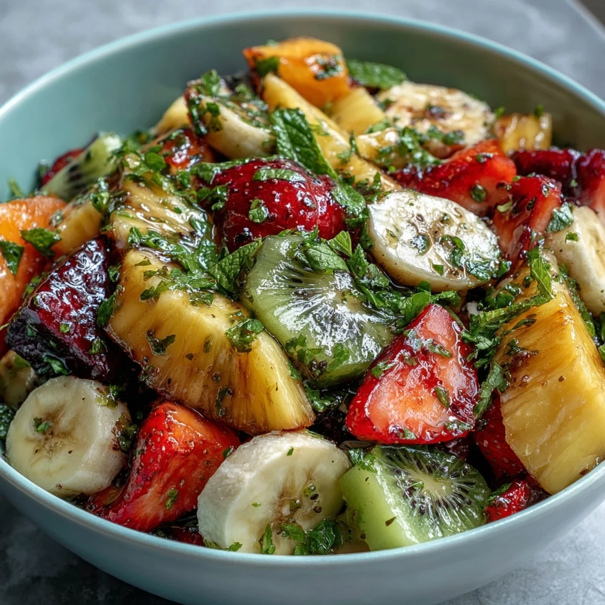 Close-up of Tropical Fruit Salad with Mint Lime Dressing showing juicy watermelon and mint leaves, ideal for easy, vegan, gluten-free healthy eating.