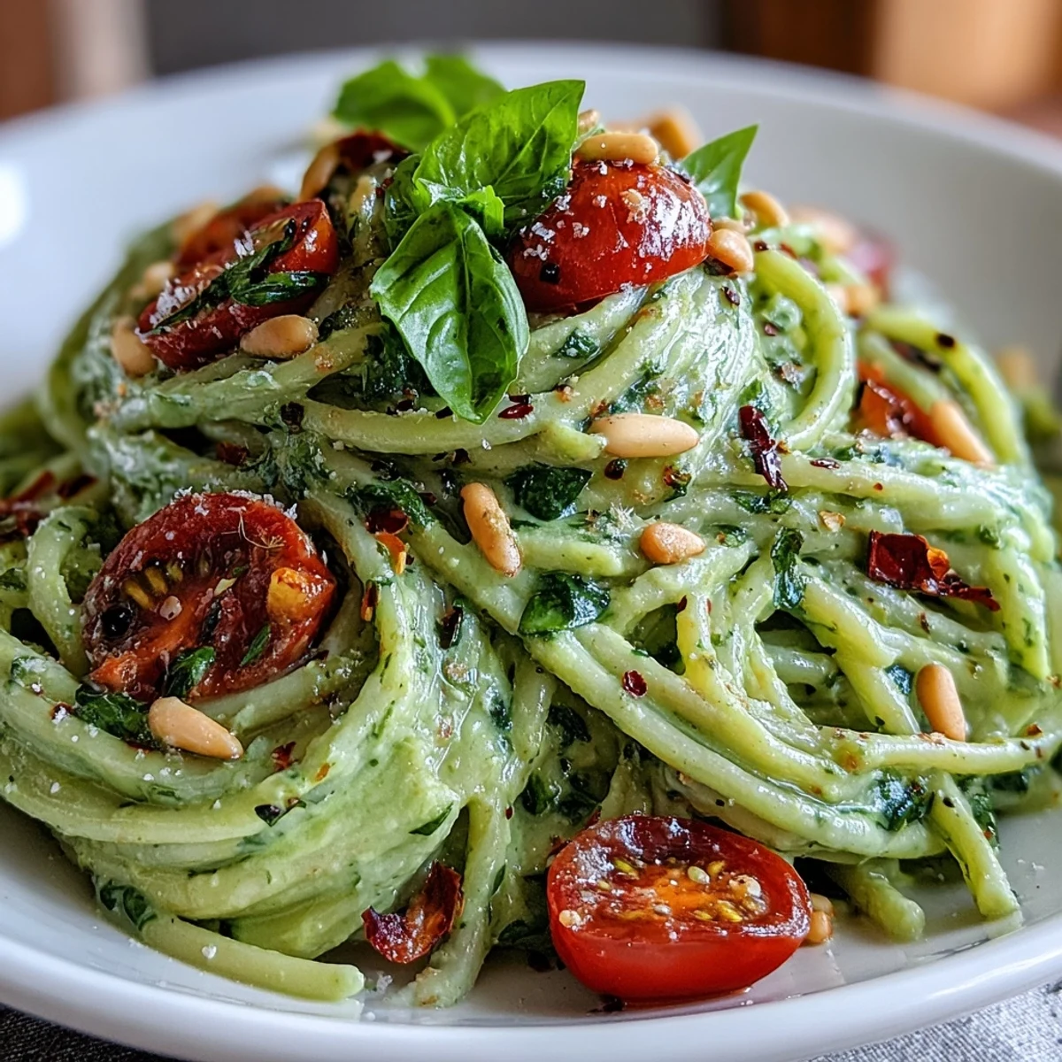 Creamy Vegan Avocado Lime Pasta twirled on a fork with bright halved cherry tomatoes and fresh basil garnish.