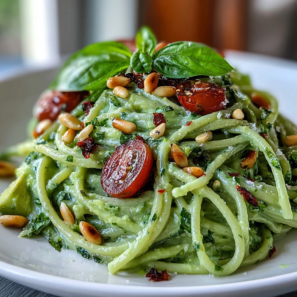 A large bowl of Vegan Creamy Avocado Lime Pasta speckled with toasted pine nuts beside a glass of white wine.