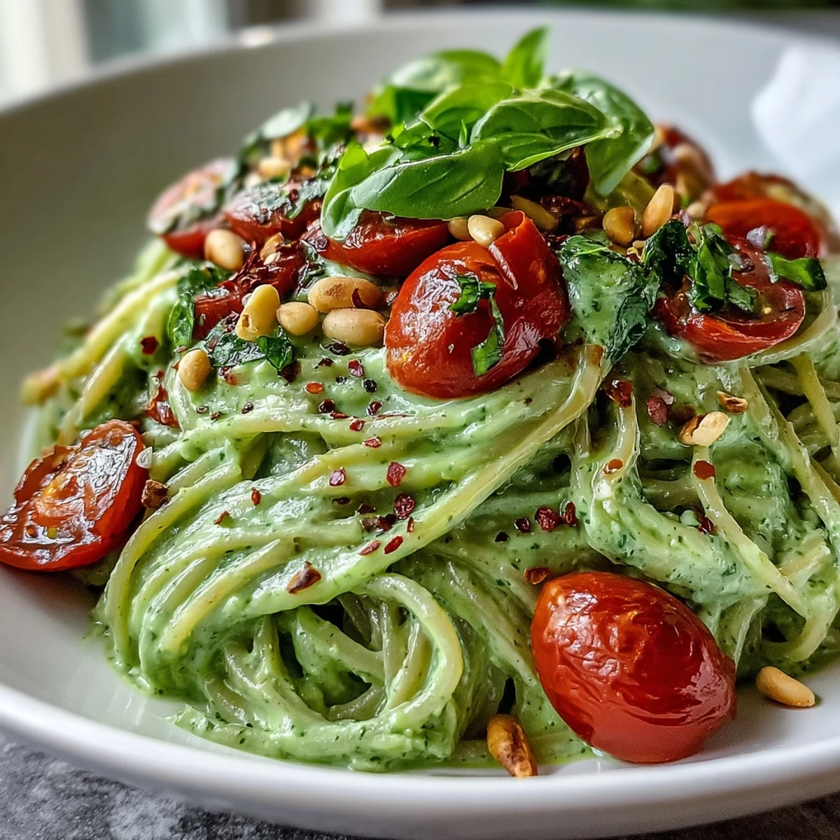 Bright halved cherry tomatoes tossed in Vegan Creamy Avocado Lime Pasta, plated on a white dish with a lime wedge.
