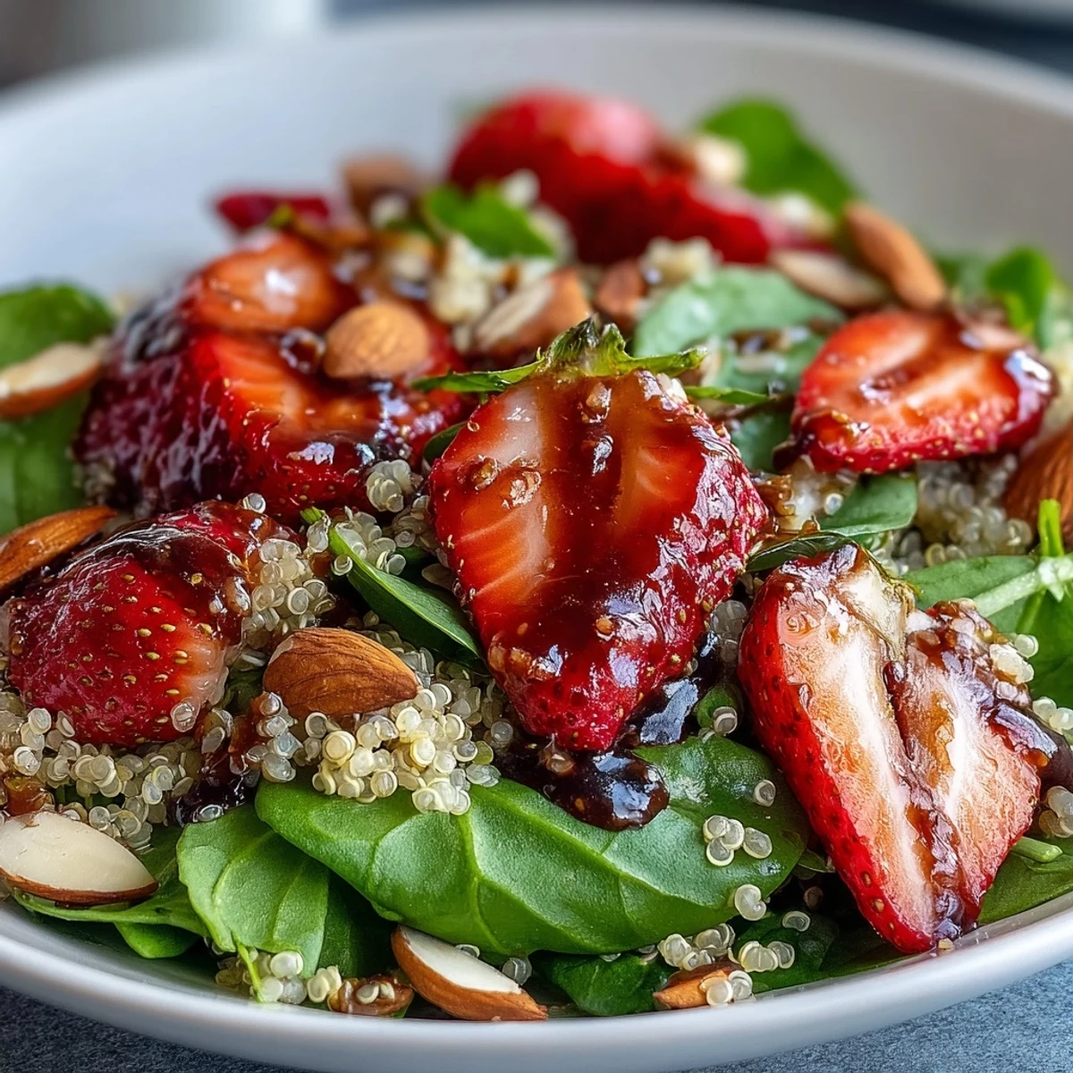 A vibrant bowl of Strawberry Spinach Quinoa Salad showcases fresh strawberries and toasted almonds tossed in a glossy balsamic vinaigrette. This colorful, vegetarian recipe is perfect for a light, gluten-free summer lunch. Fresh spinach leaves and fluffy quinoa add vibrant color and texture to the beautiful bowl. A drizzle of balsamic dressing coats the ingredients, making the salad look tangy and sweet. Serve this refreshing dish on a wooden table for a healthy, seasonal meal idea.