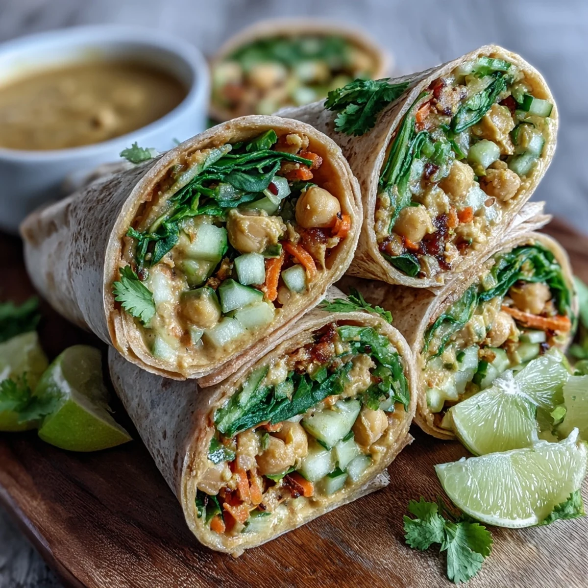 Vibrant Vegan Coconut Curry Chickpea Salad Wraps filled with creamy curried chickpeas, crisp celery, red bell pepper, and fresh cilantro on a soft tortilla.