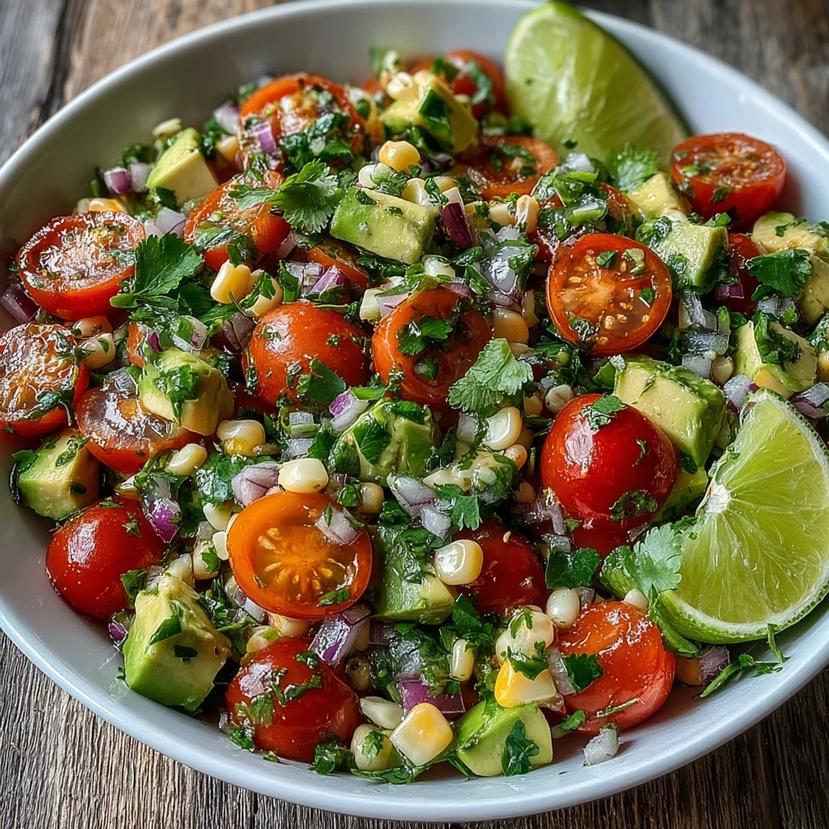 Fresh Corn and Tomato Salad with Avocado and Lime garnished with red onion, tossed with olive oil and lime juice beside grilled tacos or meats.