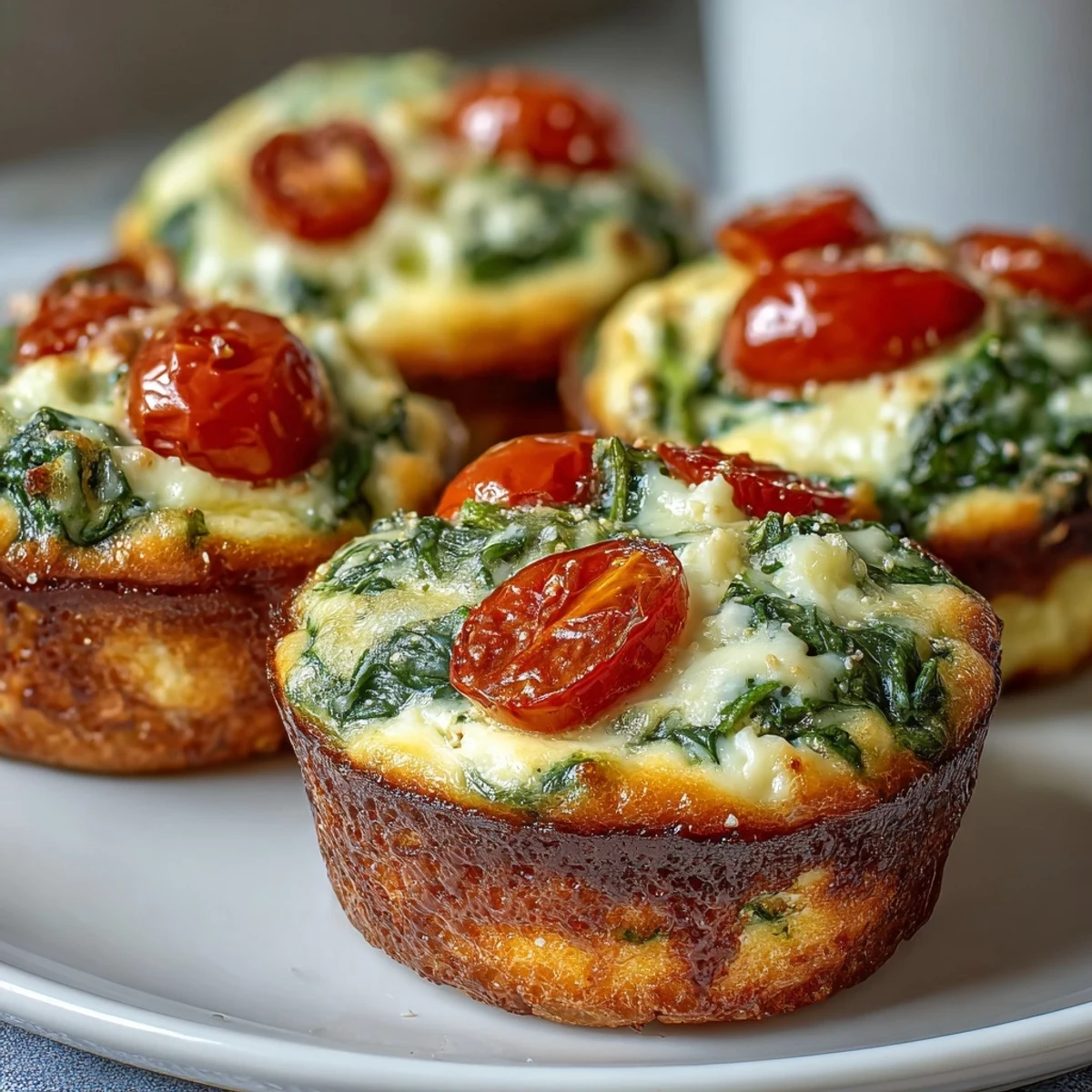 A close-up of High-Protein Egg Muffin Cups revealing spinach and diced red bell peppers baked into fluffy eggs.