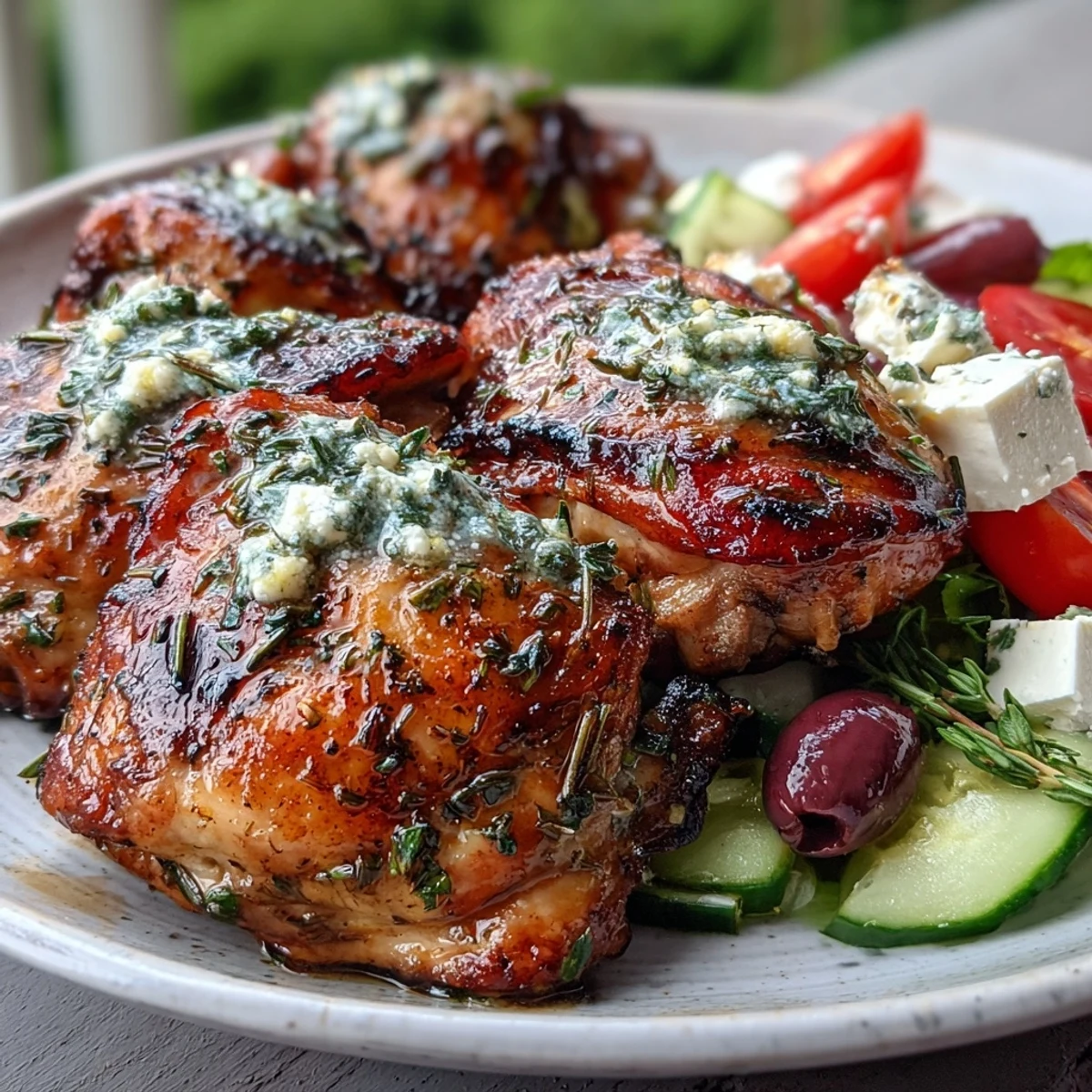 Golden-brown grilled Lemon Herb Chicken Thighs resting next to a crisp Greek salad with feta and Kalamata olives.