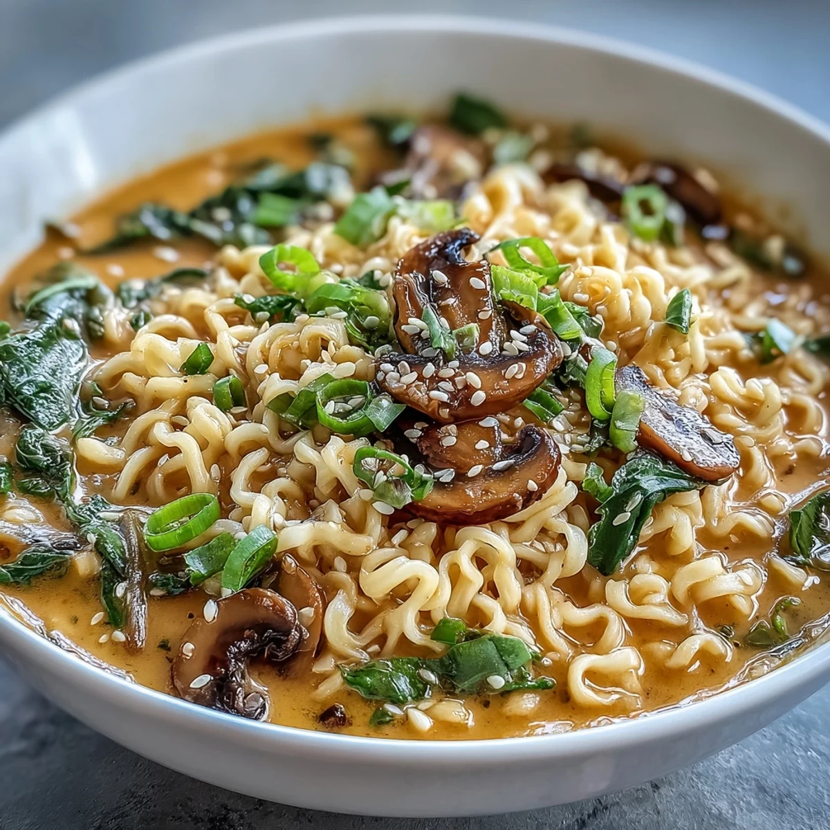 A steaming bowl of vegan coconut curry ramen with tender bok choy and savory mushrooms in a fragrant, spiced broth.  