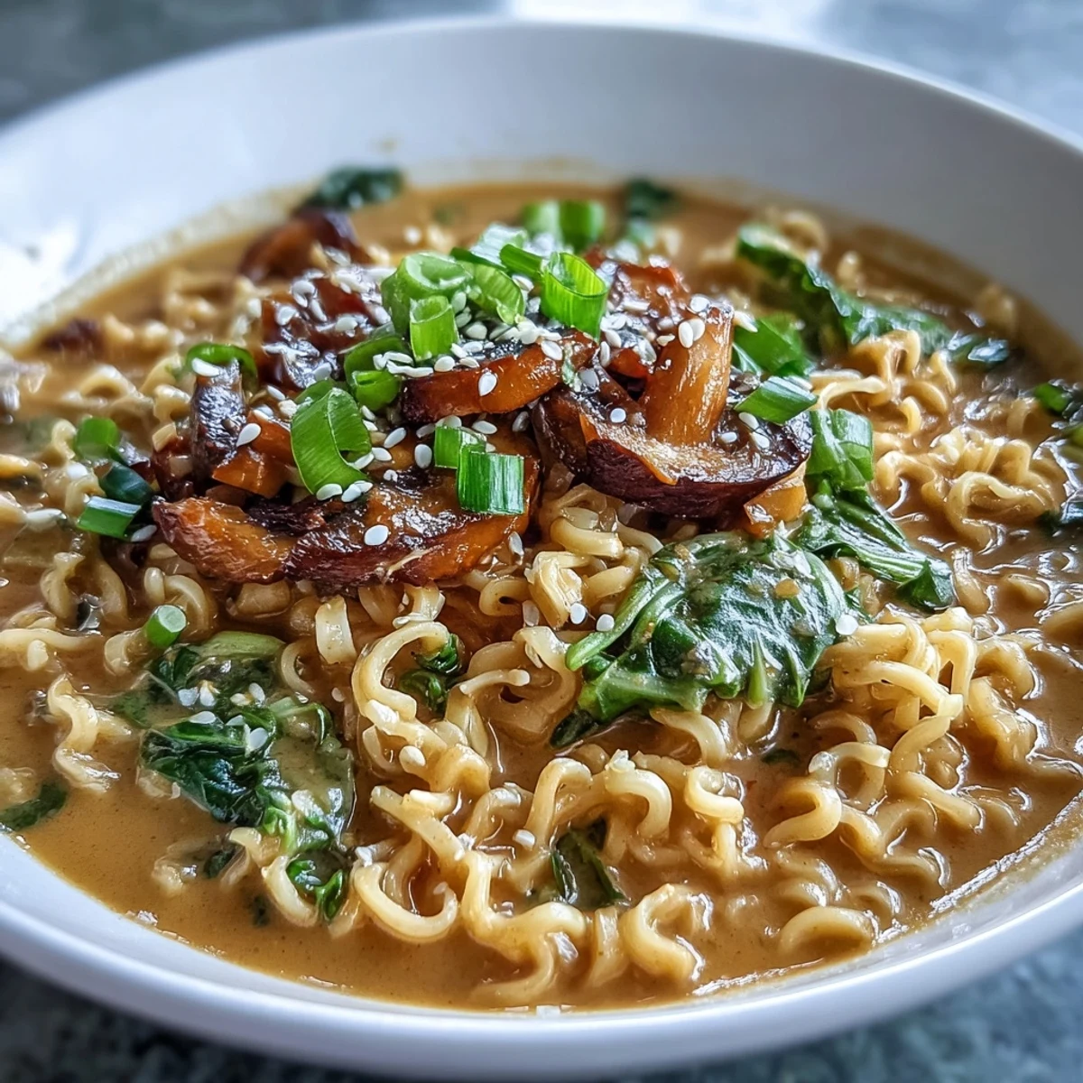 Fragrant Asian-inspired vegan ramen featuring silky coconut curry broth, vibrant bok choy, and umami mushrooms, garnished with fresh herbs.