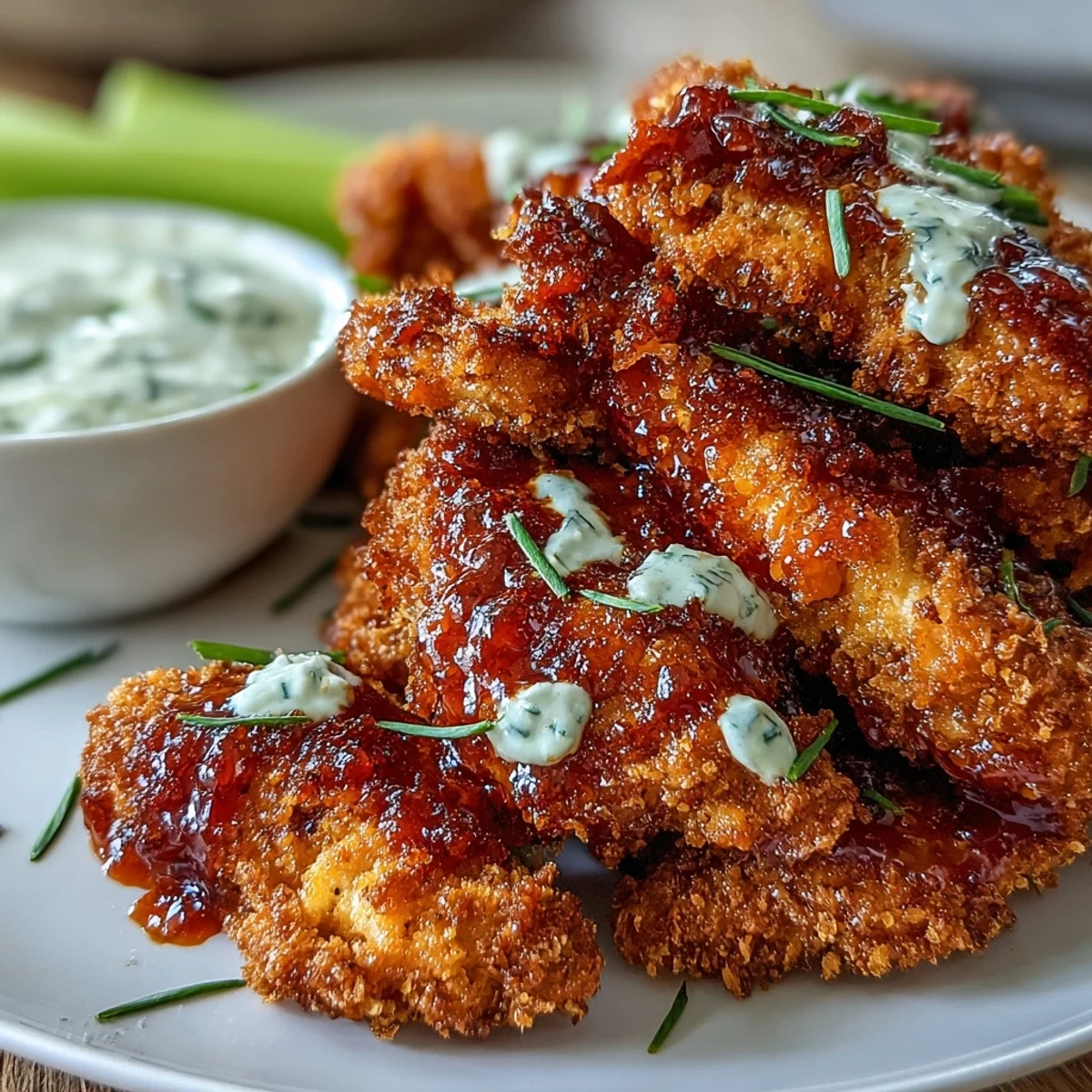 Golden keto chicken tenders with a spicy buffalo coating, served alongside fresh celery sticks and a creamy ranch dip for a low-carb meal.  