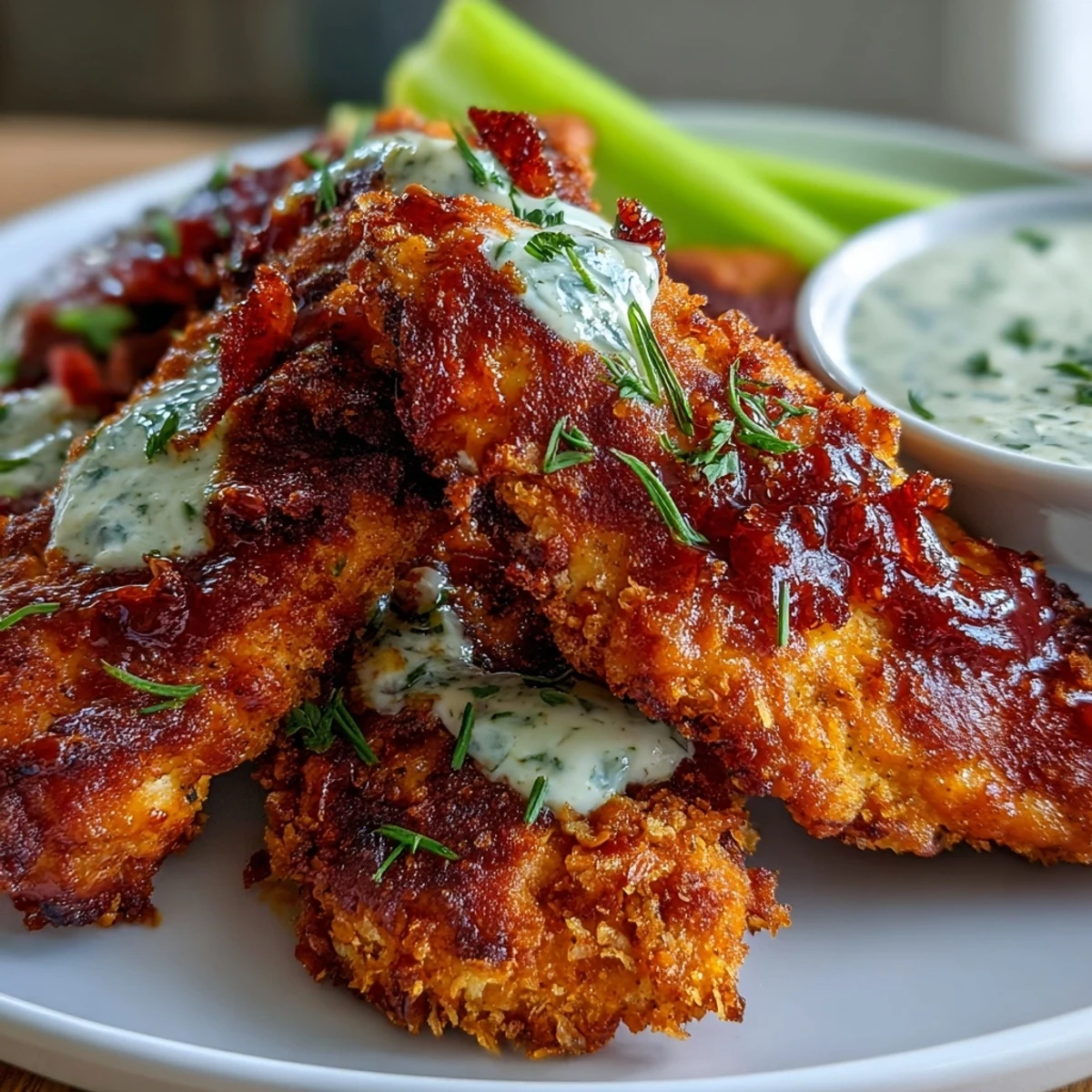 Crispy almond flour-breaded chicken tenders tossed in tangy buffalo sauce, paired with crunchy celery and homemade ranch for a keto-friendly appetizer.  