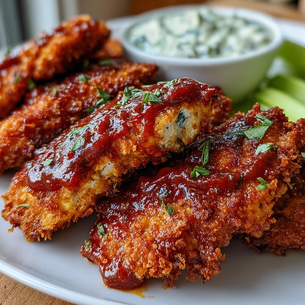 Savory chicken tenders fried to golden perfection, coated in spicy buffalo sauce, and served with fresh celery sticks and rich, herby ranch dip.
