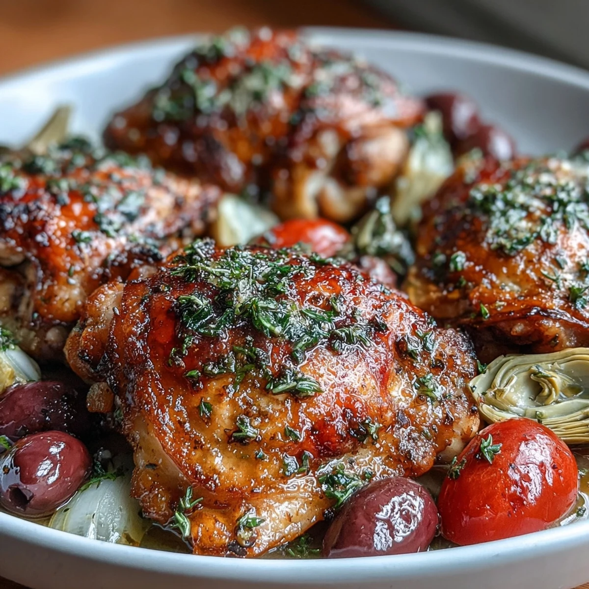 Juicy bone-in chicken thighs with olives, artichokes, and tomatoes in a one-pan Mediterranean feast, bursting with fresh lemon and herbs.