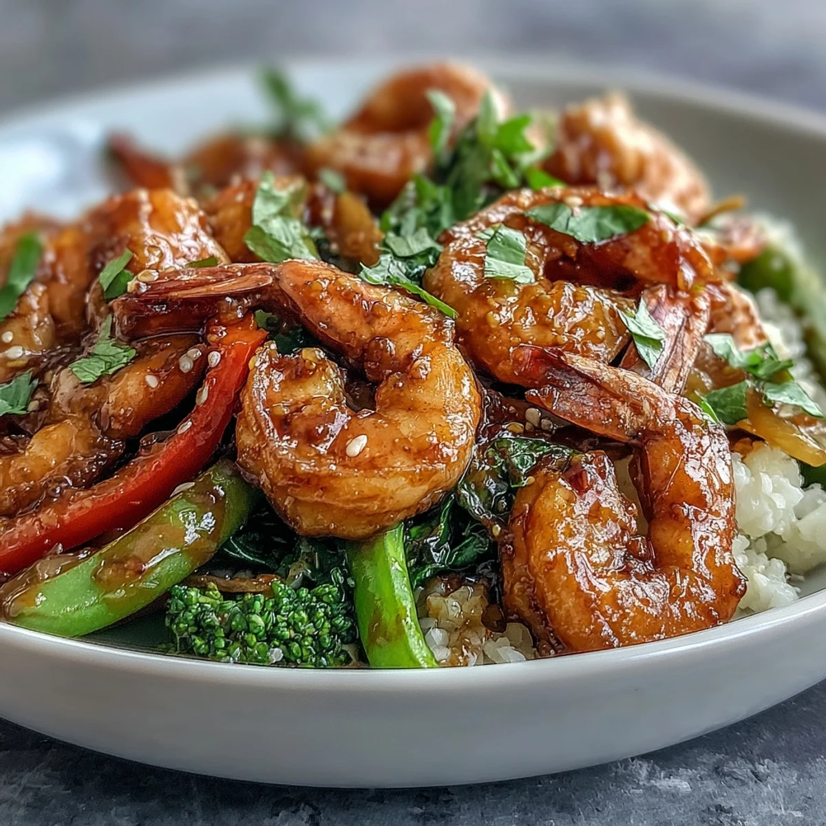 A colorful plate of shrimp and veggie stir-fry served over fluffy cauliflower rice, bursting with fresh flavors and vibrant colors.