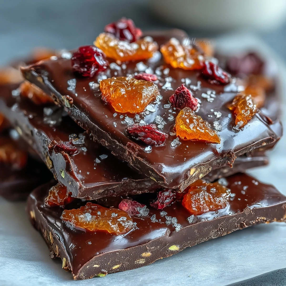 Dark chocolate bark with candied orange peel, a rich and elegant dessert treat perfect for gifting or sharing with loved ones.