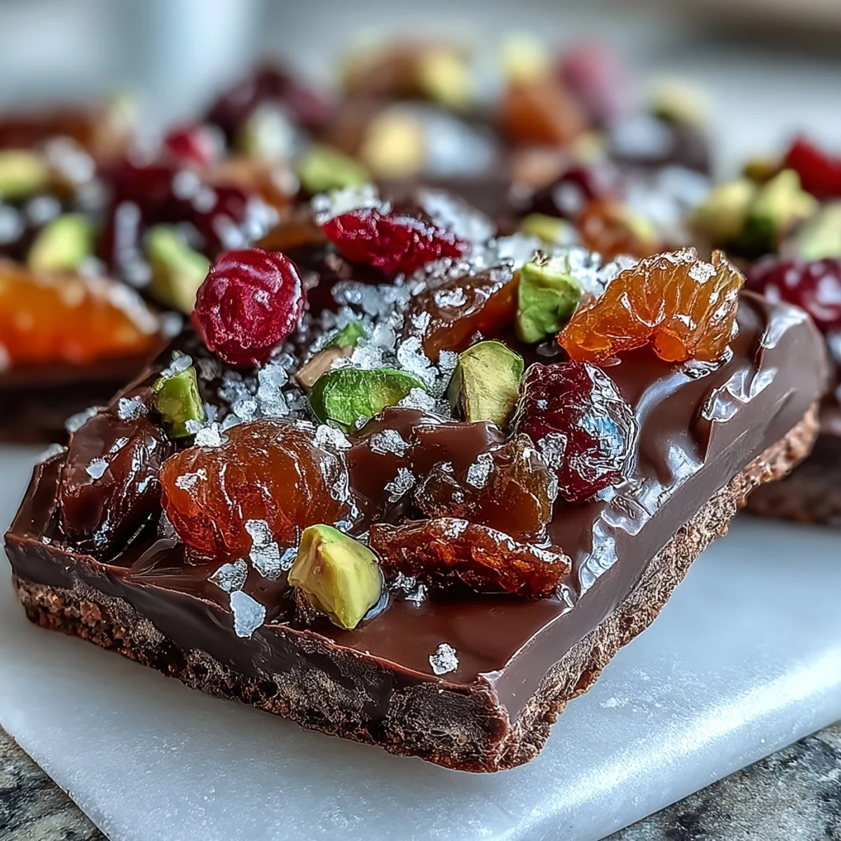 Indulgent dark chocolate bark topped with vibrant candied orange peel and crunchy pistachios, creating a beautiful contrast of flavors and textures.