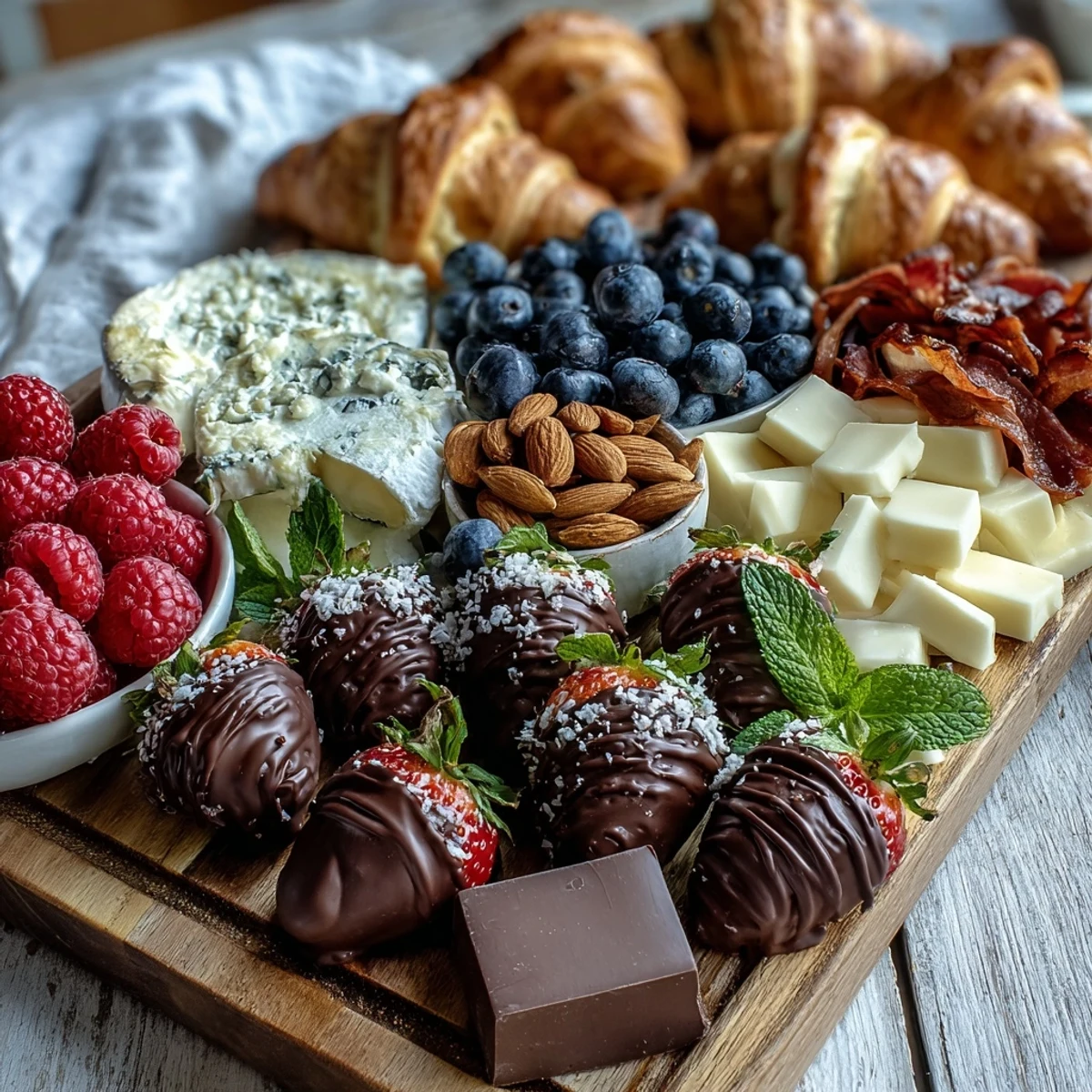 A festive Galentines brunch board with fresh berries, creamy cheeses, and chocolate-dipped strawberries arranged for sharing.