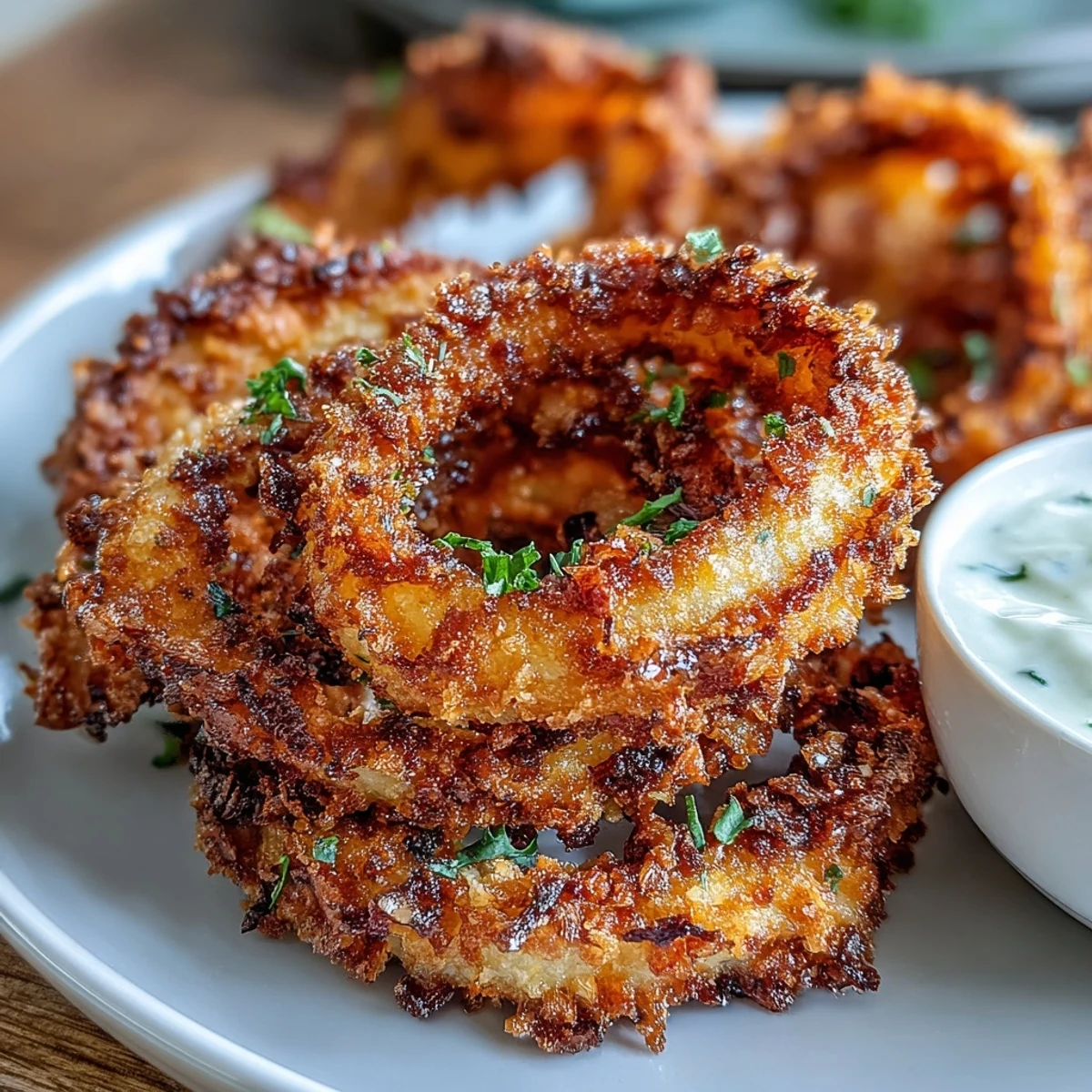Air-fried golden onion rings served with rich garlic aioli, ideal for game day or snacking.
