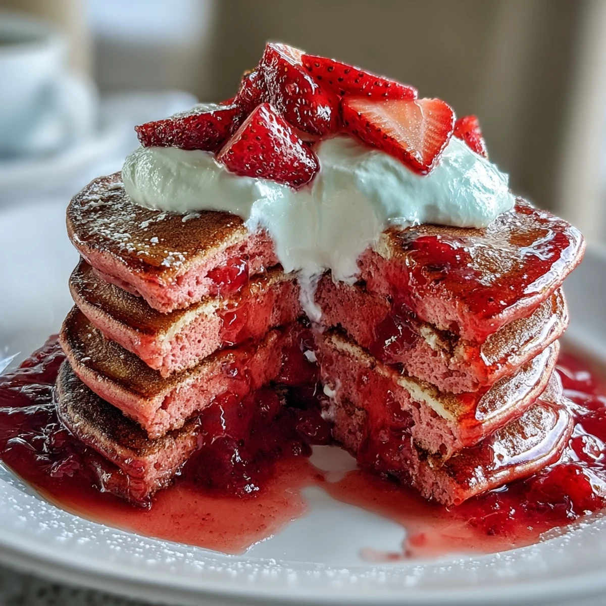Fluffy pink pancakes with beetroot and a sweet strawberry compote, perfect for a Galentine's brunch gathering.  
