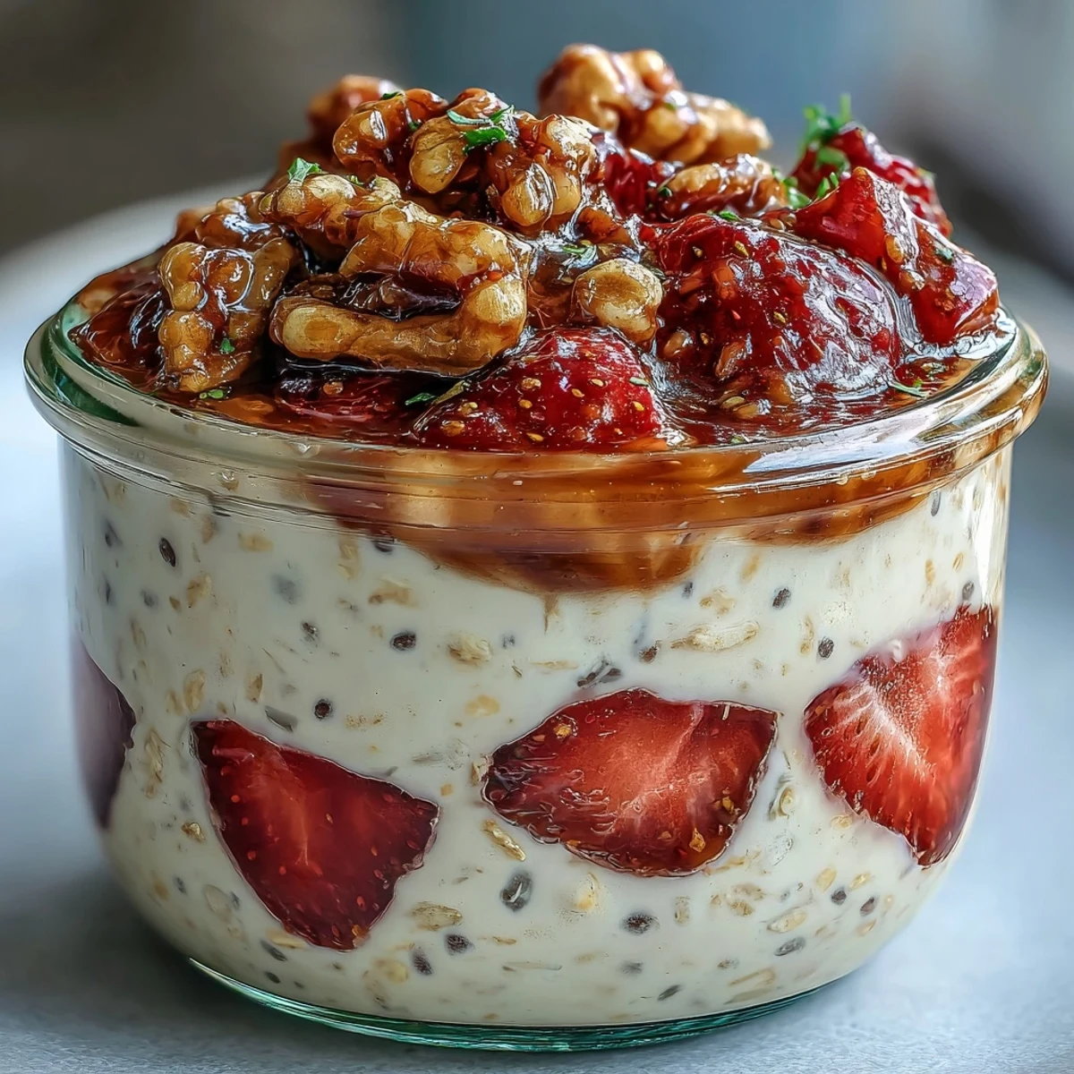 A wholesome breakfast of layered oats, ripe strawberries, and sweet candied walnuts.  