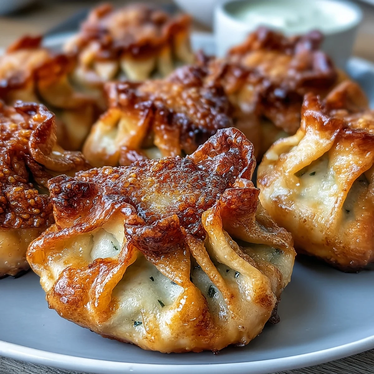 Golden pork dumplings with ginger and garlic, air fried to perfection and paired with a savory chili oil sauce.  