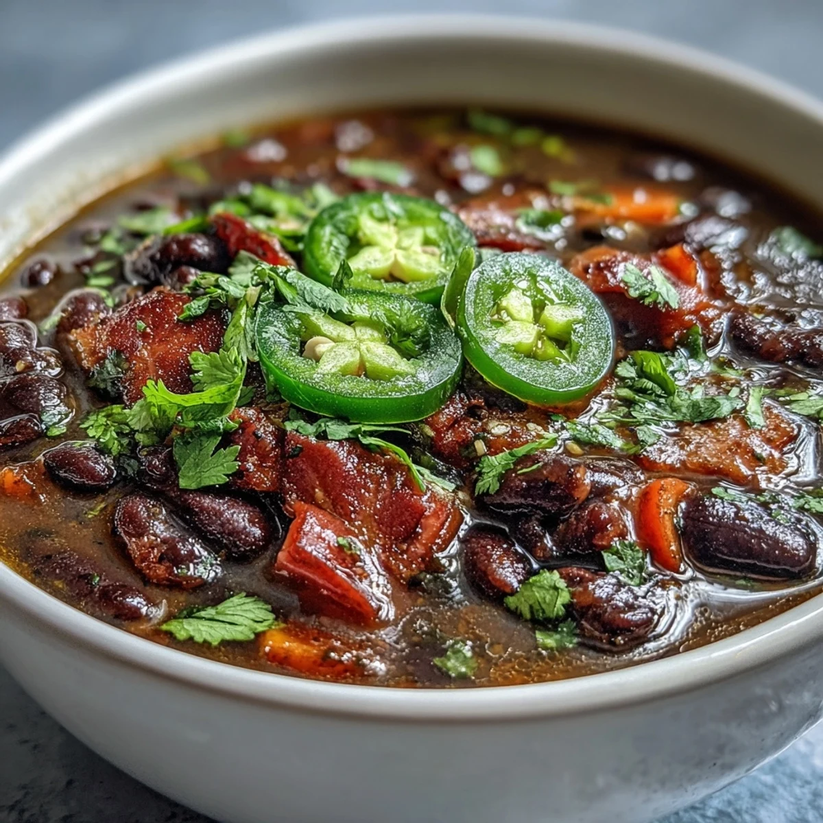 A steaming bowl of Black Bean and Ham Soup with jalapeños, topped with fresh cilantro and lime wedges for a zesty finish.  