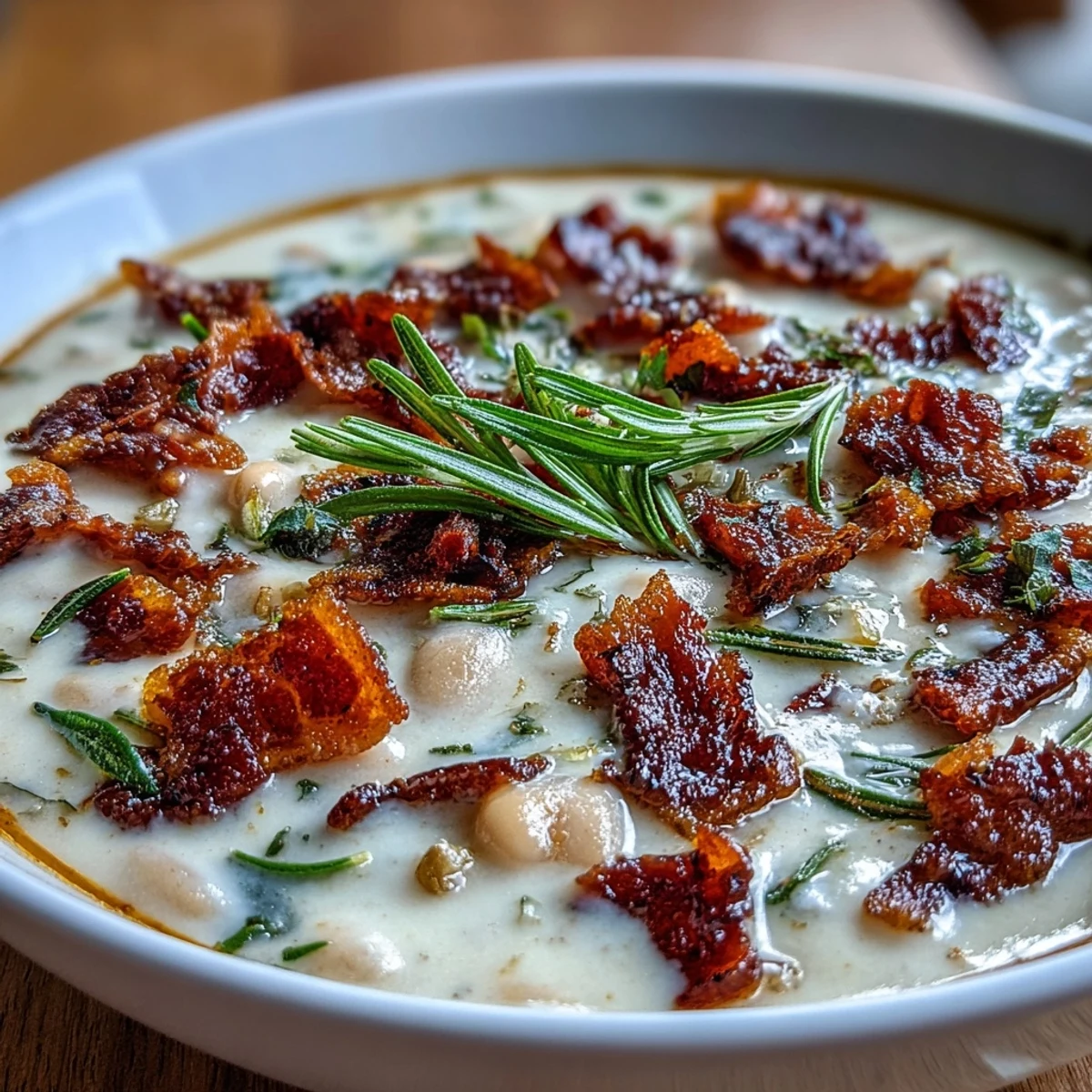 Creamy white bean soup with crispy bacon and rosemary, served in a rustic bowl with a drizzle of olive oil.  