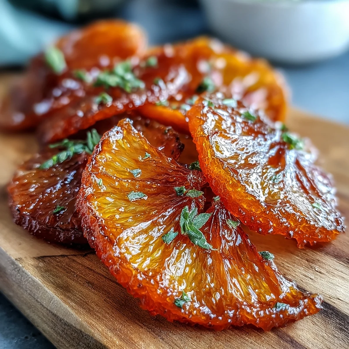 Glossy candied orange segments glistening in golden syrup, ideal for dessert topping or cake garnish.  