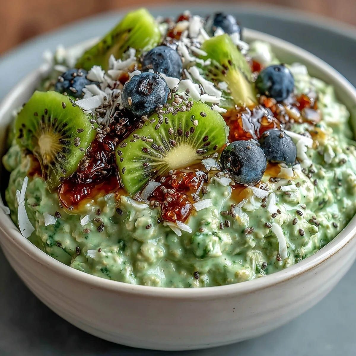 Vibrant matcha overnight oats layered with coconut and chia seeds in a glass jar, topped with fresh kiwi slices and shredded coconut.