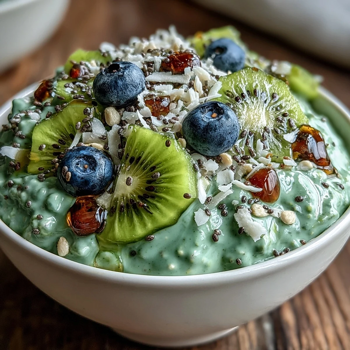 Creamy matcha overnight oats with coconut milk and chia seeds, garnished with fresh berries and a drizzle of honey for a nourishing breakfast.