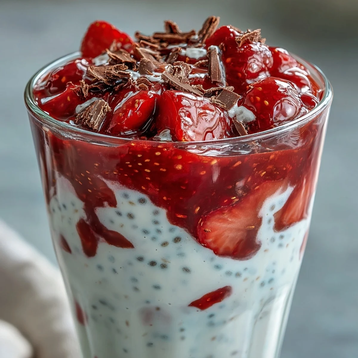 Layered strawberry yogurt chia pudding with dark chocolate shavings, perfect for breakfast or dessert.