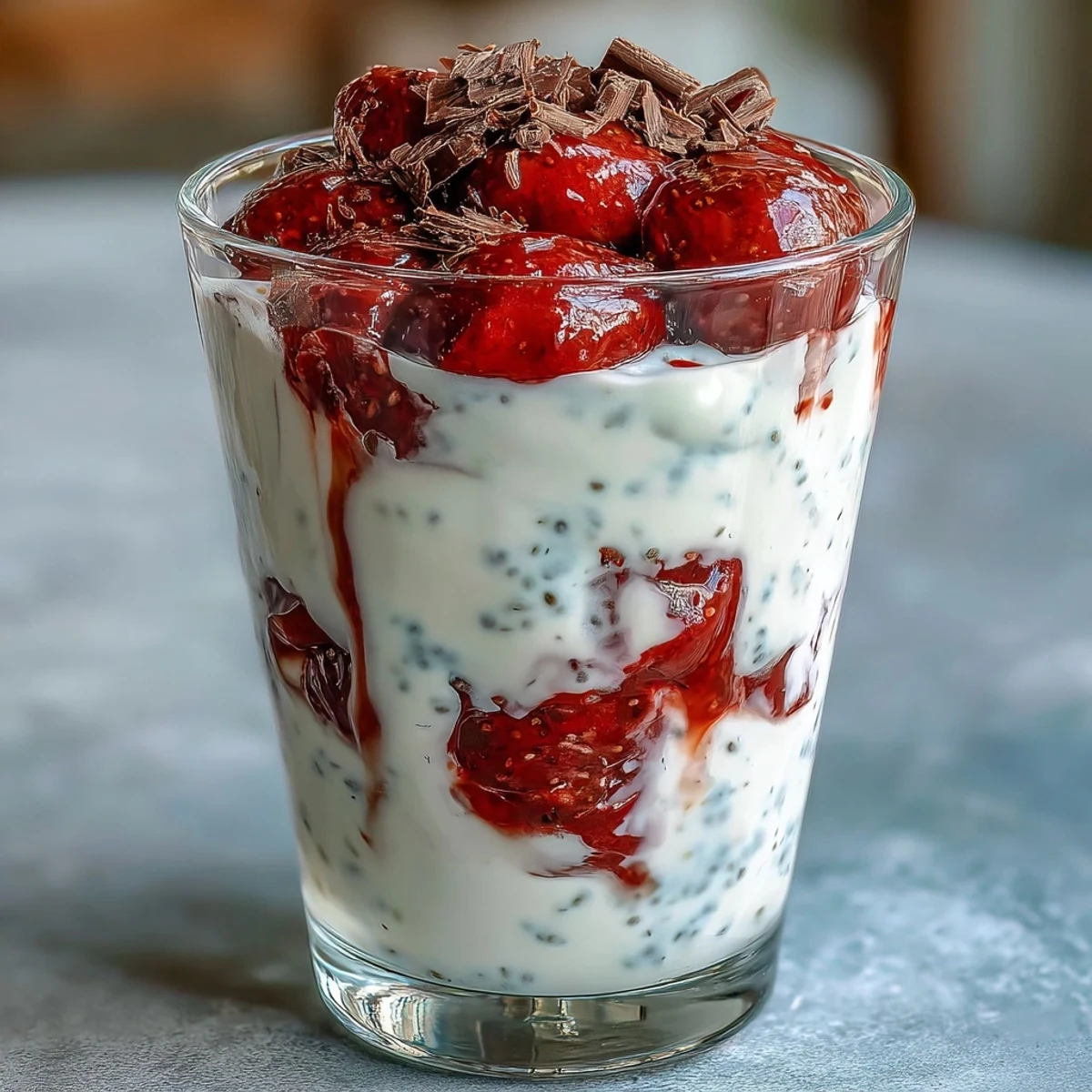 Refreshing strawberry yogurt chia pudding garnished with dark chocolate shavings and mint leaves.